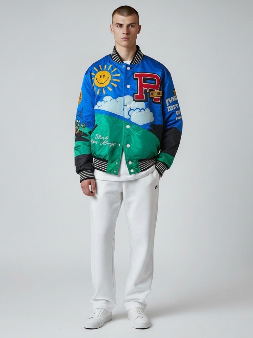 First Row Think Green Always Varsity Jacket M Smiley Mushroom Satin Bomber EUC